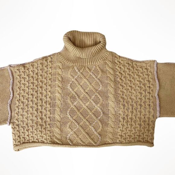 New Callahan Knitwear Cropped Cameron  Tan & Purple Turtleneck Sweater- Medium - Picture 7 of 16